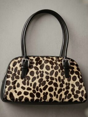 EXPRESS || Vintage Leopard Print Zip Handbag – Faux Fur Calf Hair Satchel